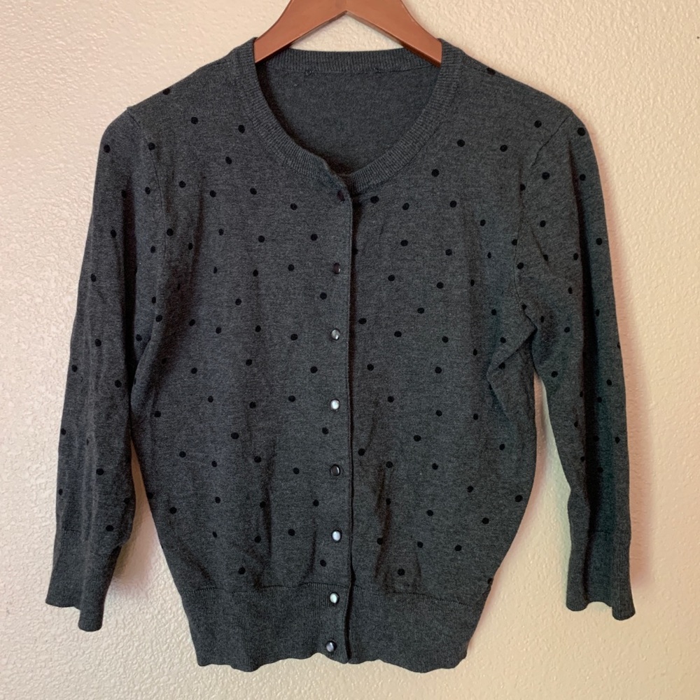 Tag-less, but very similar to Target’s Merona brand, grey polka dot cardigan